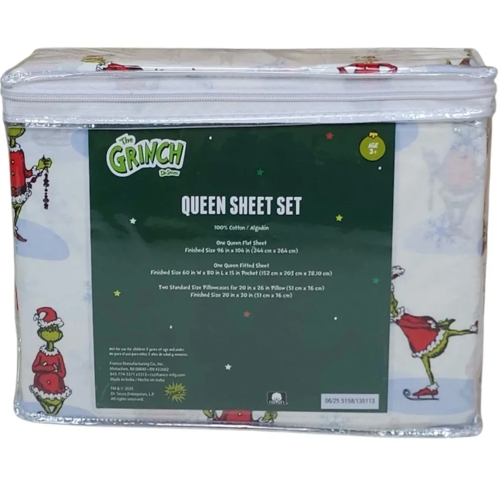 Dr. Seuss THE GRINCH CHRISTMAS Queen Size Cotton Sheet Set Soft New in Package